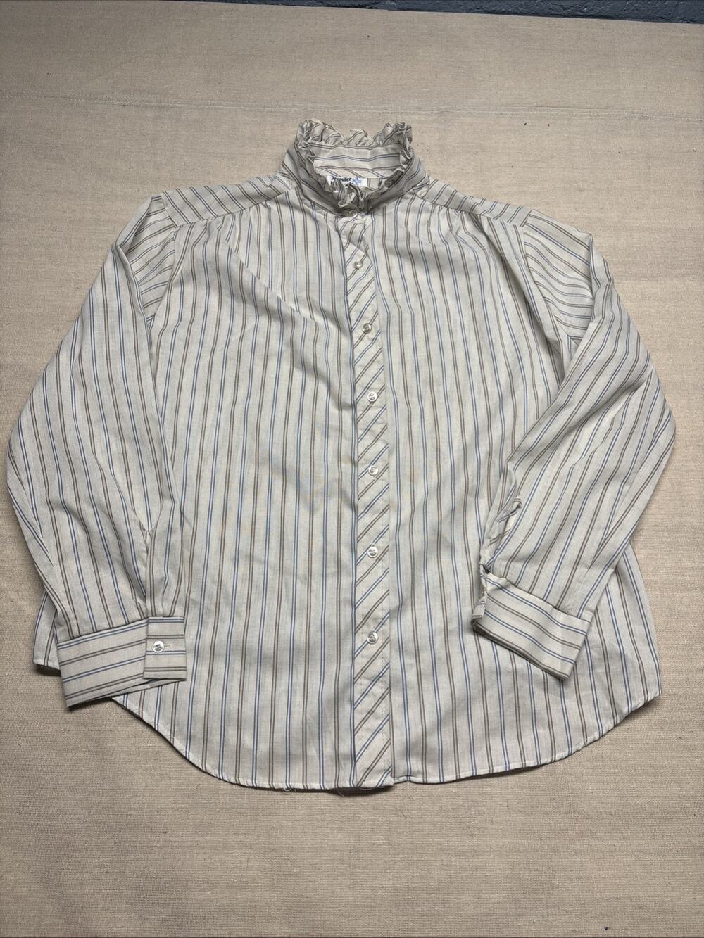 Vintage 80s Jennifer Michaels Ruffle Neck Blouse Striped Button Up Made in USA